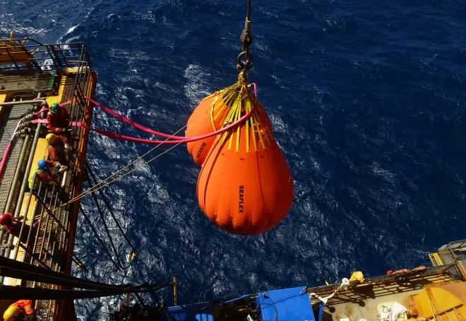Crane testing bags on an offshore support vessel. Crane testing bags on an offshore support vessel.