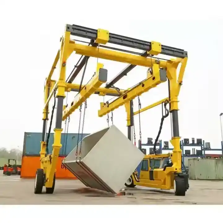 Straddle Carrier lifting container at port terminal