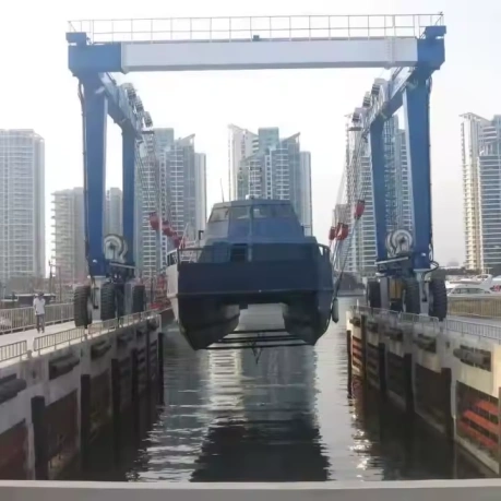 Boat lift hoist crane in operation at waterfront facility
