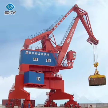 Heavy-duty mobile harbour crane lifting shipping containers