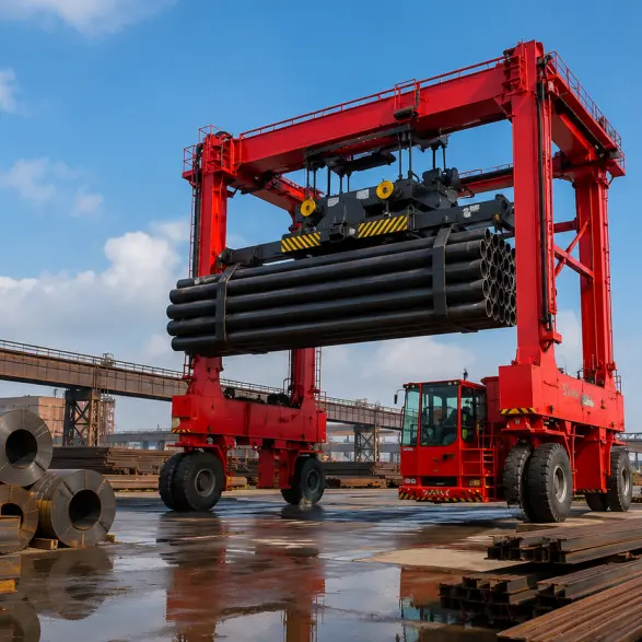 Straddle Carrier lifting container at port terminal