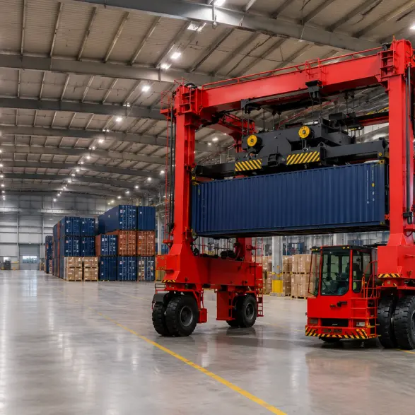 Straddle Carrier with extended boom lifting cargo