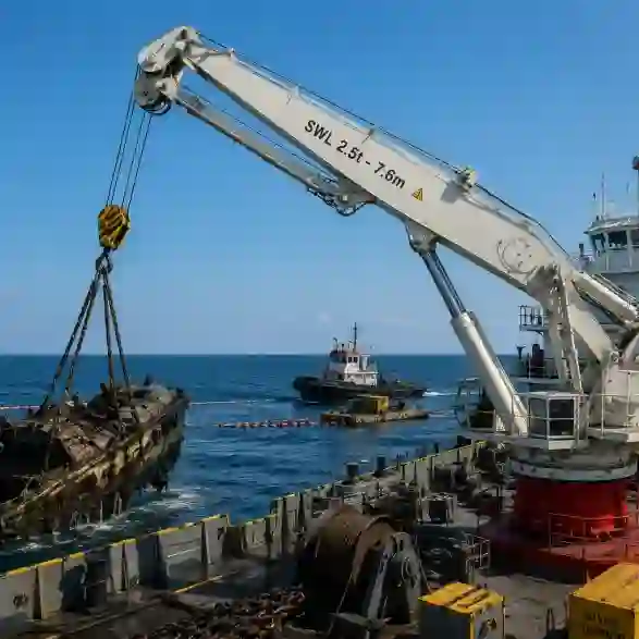 Offshore crane lifting heavy cargo at sea – durable marine deck crane for ships